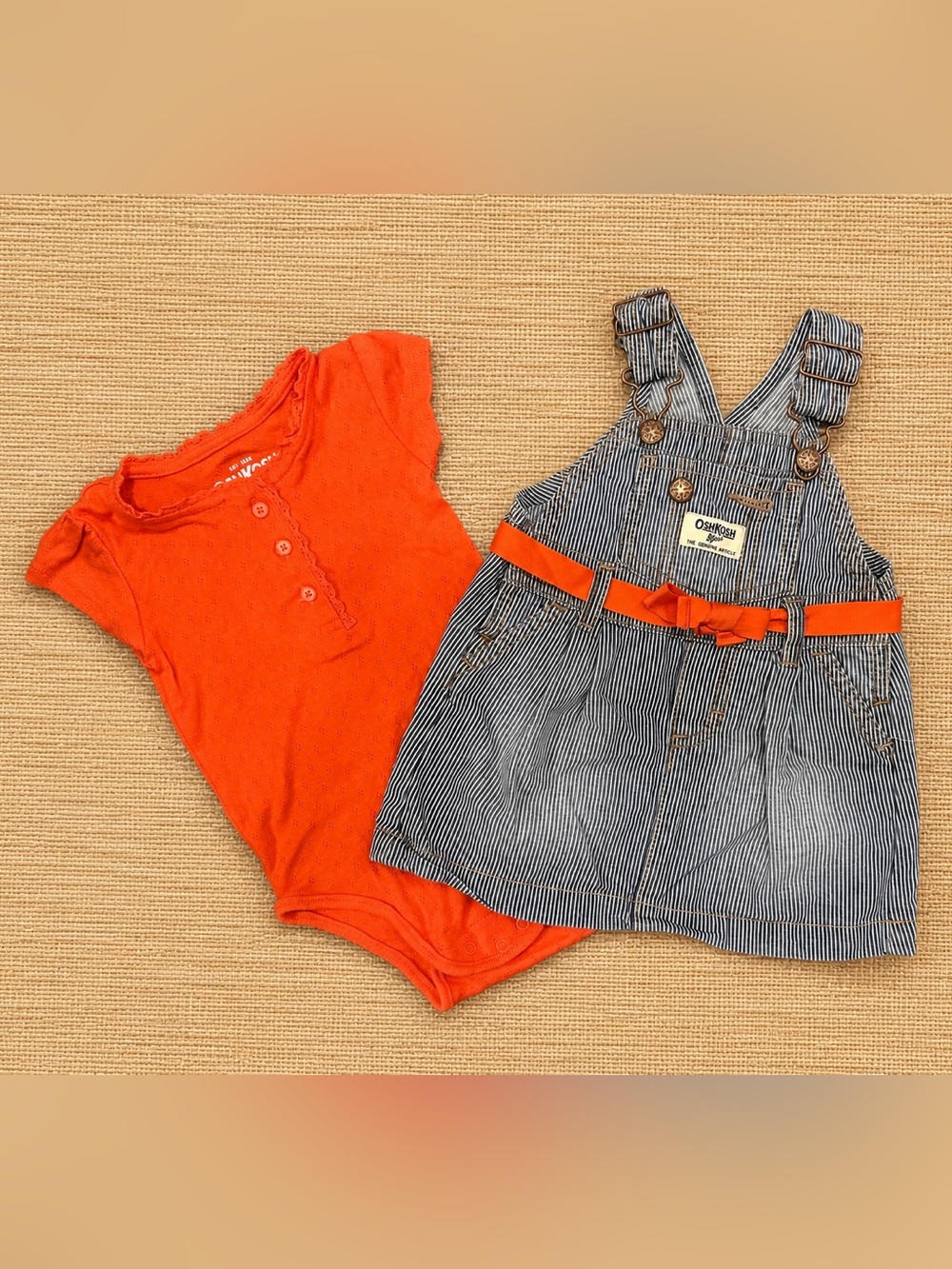 OshKosh B'gosh Railroad Stripe Jumper Dress with Orange Onesie Set Girl 9 Months